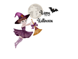 Charming witch soaring through a moonlit sky with a broomstick, embracing the spirit of Halloween png