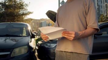 Person responsible for car accident is reviewing his insurance documents in order to understand current situation. Two crashed cars are visible on background at intersection video