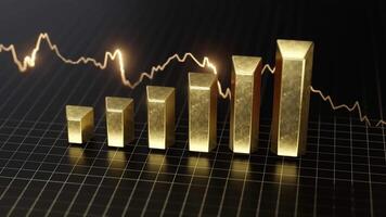 Golden bar chart depicts financial growth. Rising bars and a volatile line graph symbolize increasing value and market trends. video