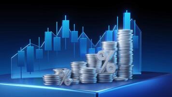 Abstract financial background with stacks of coins percentage symbols and a glowing candlestick chart visualizing investment growth and interest rates. video