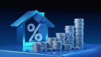 Housing finance concept with percentage sign and stacks of coins representing interest rates and property investment video