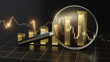 A magnifying glass examines dynamic financial data on a gold market chart visualizing investment trends and analysis. video