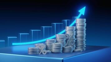 Animation of stacks of coins with percent symbols and a growing bar graph showing financial success and rising interest rates video