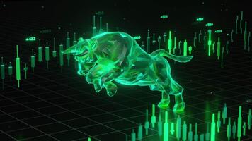 Digital bull finance stock market trading growth. Low poly bull, candlestick chart data, rising trend. Business investment success wealth prosperity. Global financial technology representation. video