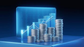 Stacks of coins in front of a dynamic digital display showing financial data charts and graphs indicating growth success investment and prosperity. video