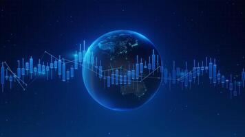 Global earth stock market candle chart visualization. Worldwide finance business technology trend. Economy investment data analysis graph. Digital dynamic animation loop. Blue grid particles. video