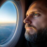 traveler looks out the window while sitting on a plane, close-up portrait photo