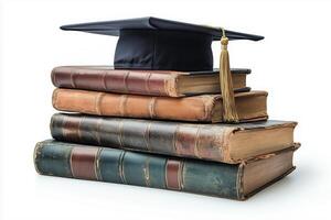 graduation cap on a stack of old books isolated on white background photo
