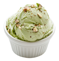 Single scoop of light green pistachio ice cream with nuts in a bowl isolated on transparent background png