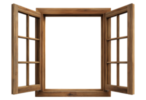 Traditional wooden window frame with multiple glass panes in open position, isolated on a transparent background png