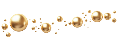 Collection of floating shiny golden metallic spheres and balls of various sizes floating, isolated on transparent background png