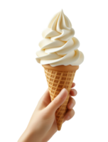 Human hand holding swirled vanilla soft serve ice cream in waffle cone isolated on a transparent background png