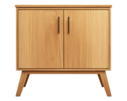 Modern wooden cabinet with two doors and angled legs isolated on transparent background png