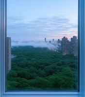 View of modern city with a park from a window at sunset photo