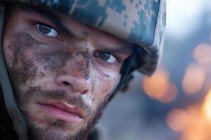 close-up portrait of a soldier in a helmet in a combat situation photo