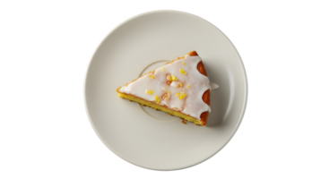 Overhead View of a Slice of Lemon Cake with White Icing on a White Plate png