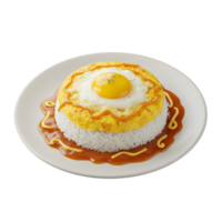Overhead View of a Round Plate of Rice Topped with a Fried Egg and Yellow Sauce png