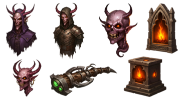 Pixel Art Demon Characters and Gothic Objects on Transparent Background png