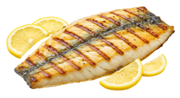 Grilled Fish Fillet with Lemon Slices on a Transparent Background png