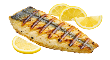 Grilled Fish with Lemon Wedges on Transparent Background png