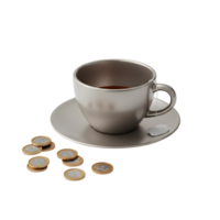 Metallic Grey Teacup and Saucer with Scattered Coins on Transparent Background png