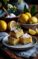 Delicious lemon bars sprinkled with coconut flakes resting on a plate photo