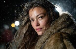Elegant woman wearing fur coat in snowing night photo