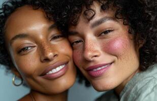 Two diverse models smiling and showing their freckles and perfect skin photo