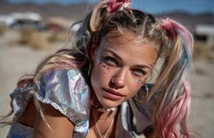 Young influencer posing with glitter makeup at festival in desert photo