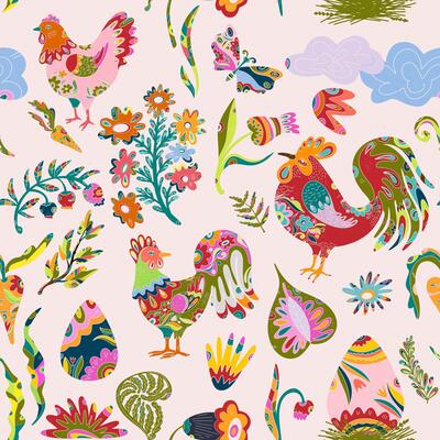 a colorful pattern with roosters and flowers