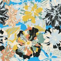 a floral pattern with many different flowers on a blue background vector