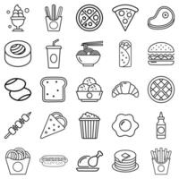 Fast food icons set. Outline illustration of ice cream, pizza, burger, chips, kebab, steak, popcorn, soda can, and more snacks. vector