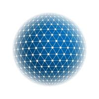 3D spherical tesseract shape isolated on white background. Blue sphere globe with connected line triangles and dot circles illustration. vector