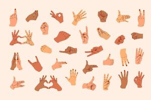 Hand gestures set. Signs, expression pointing finger, clenched fist, open, greeting palms, OK symbol vector