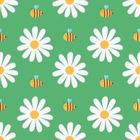 Seamless pattern with hand drawn chamomile flower and bee on green background. vector
