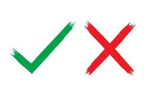 Set of green check mark and red cross drawn with brush.Grunge texture of yes and no elements.. vector