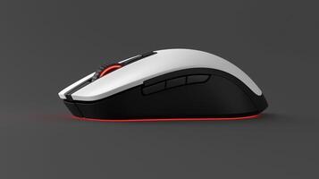 Black and white computer mouse image closeup. Gaming gadget for computer equipment close-up photography. Stylish electronic device with led glowing concept photo realistic