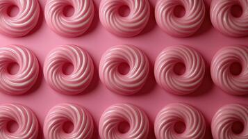 Pink textured gummy rings rows top view image render 3d. Tasty handmade dessert. Healthy sweet snacks of kids background realistic graphic. Conceptual idea, visual storytelling photo