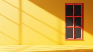 Red framed window on yellow wall banner image. Minimalist exterior with colorful building facade photo-realistic background color. Architecture concept photography copy space photo