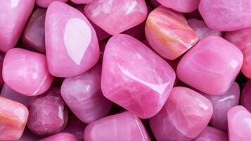 Shimmering pink quartz stones pile top view image closeup. Vivid crystalline mineral gemstones close-up photography. Colorful semiprecious gems heap concept photo realistic