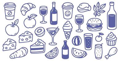 Collection of outlined food and beverage icons featuring an array of delicious culinary creations vector