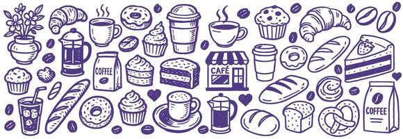 Hand drawn sketch style coffee shop set illustration of various coffees and bakery items collection vector
