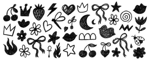 Cute hand drawn crayon doodle seamless pattern with bows, crowns and flower icons vector