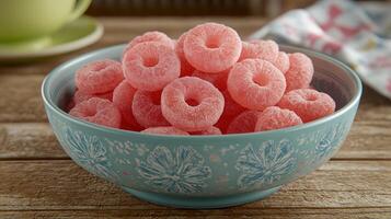 Natural gummy rings in bowl on rustic table image. Delicious jelly dessert of fruits photography scene photorealistic. Healthy chewing candies on countertop concept photo realistic