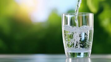 Pouring water into glass on table banner image. Filling flask with clear liquid photo-realistic background blurred. Healthy lifestyle with drinking enough concept photography copy space photo
