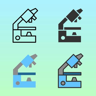 Laboratory microscopes in colorful and outline variations, symbolizing research and diagnostics in medical or science contexts, great for lab graphics.