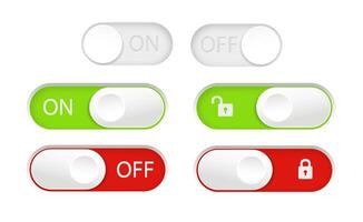 On and Off slider buttons. Red and green switch interface buttons. vector