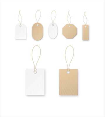 Set of tags or sale shopping labels with rope . White paper and brown kraft realistic material. Flat design isolated .