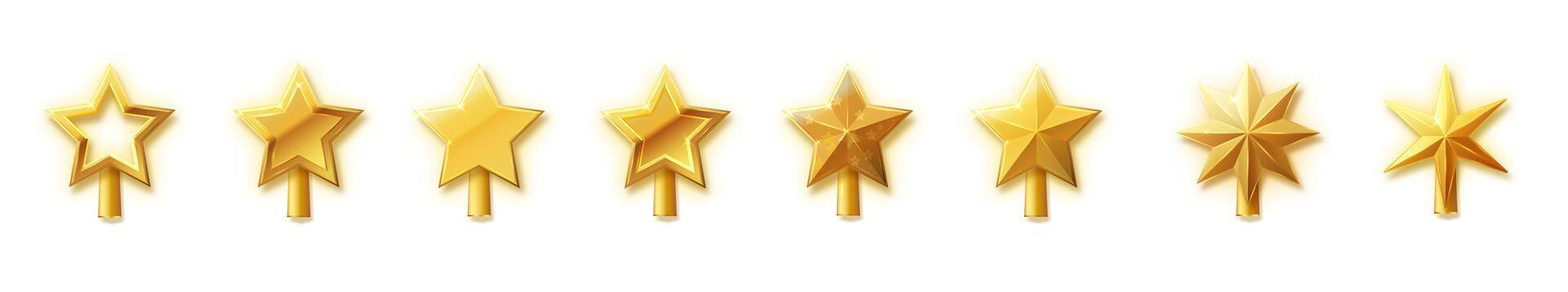 Christmas gold tree topper . 3d realistic golden star decoration in deco style, decorative traditional shiny design for top of Xmas pine tree in winter season isolated on white.