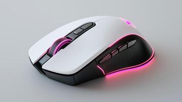 Wireless computer mouse with led light image closeup. Powerful gaming device for personal computer close-up photography. Modern hardware presentation concept photo realistic